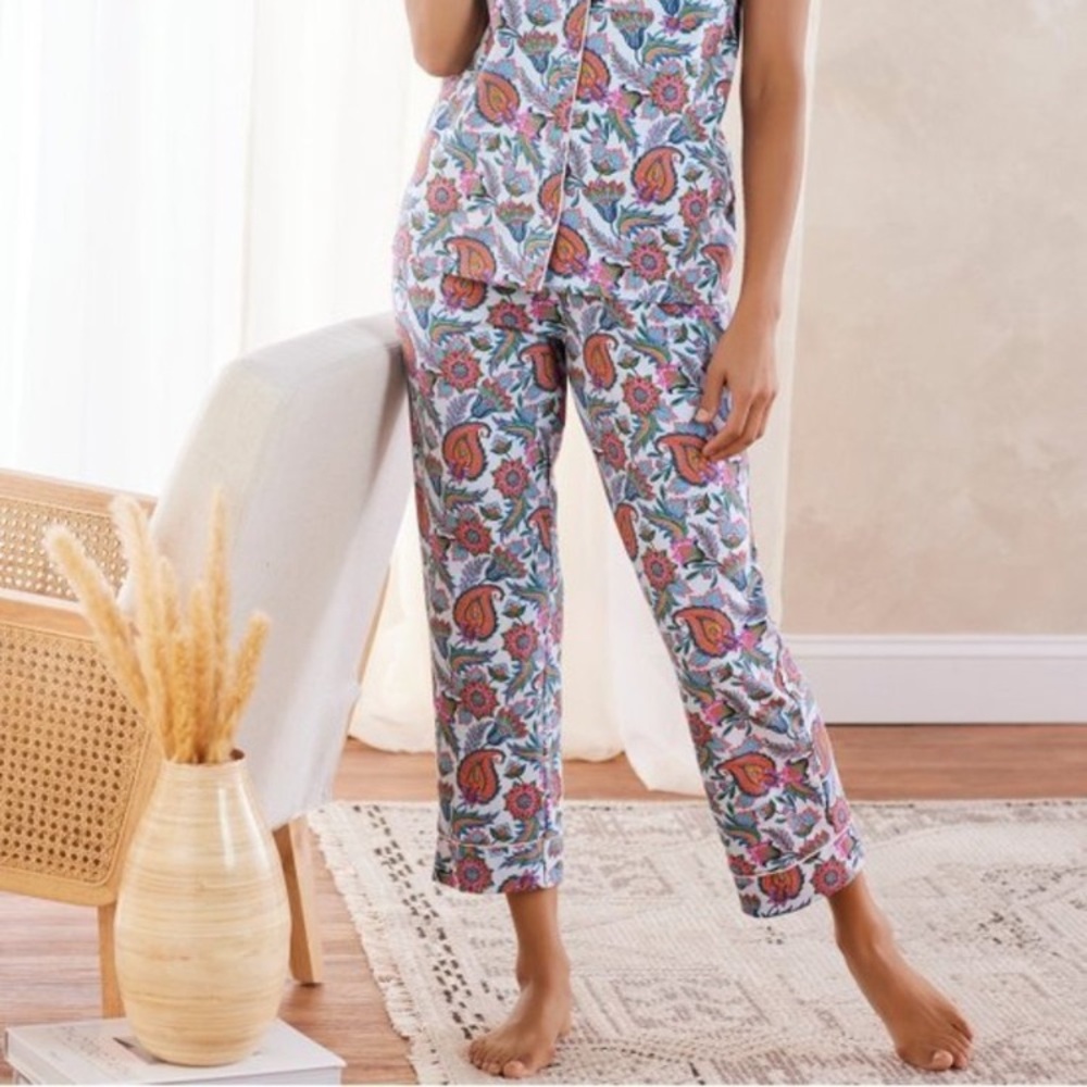 Soft Surroundings Harbour Orleans Blue Floral Paisley Button Up Crop Pajama Set - Picture 7 of 14